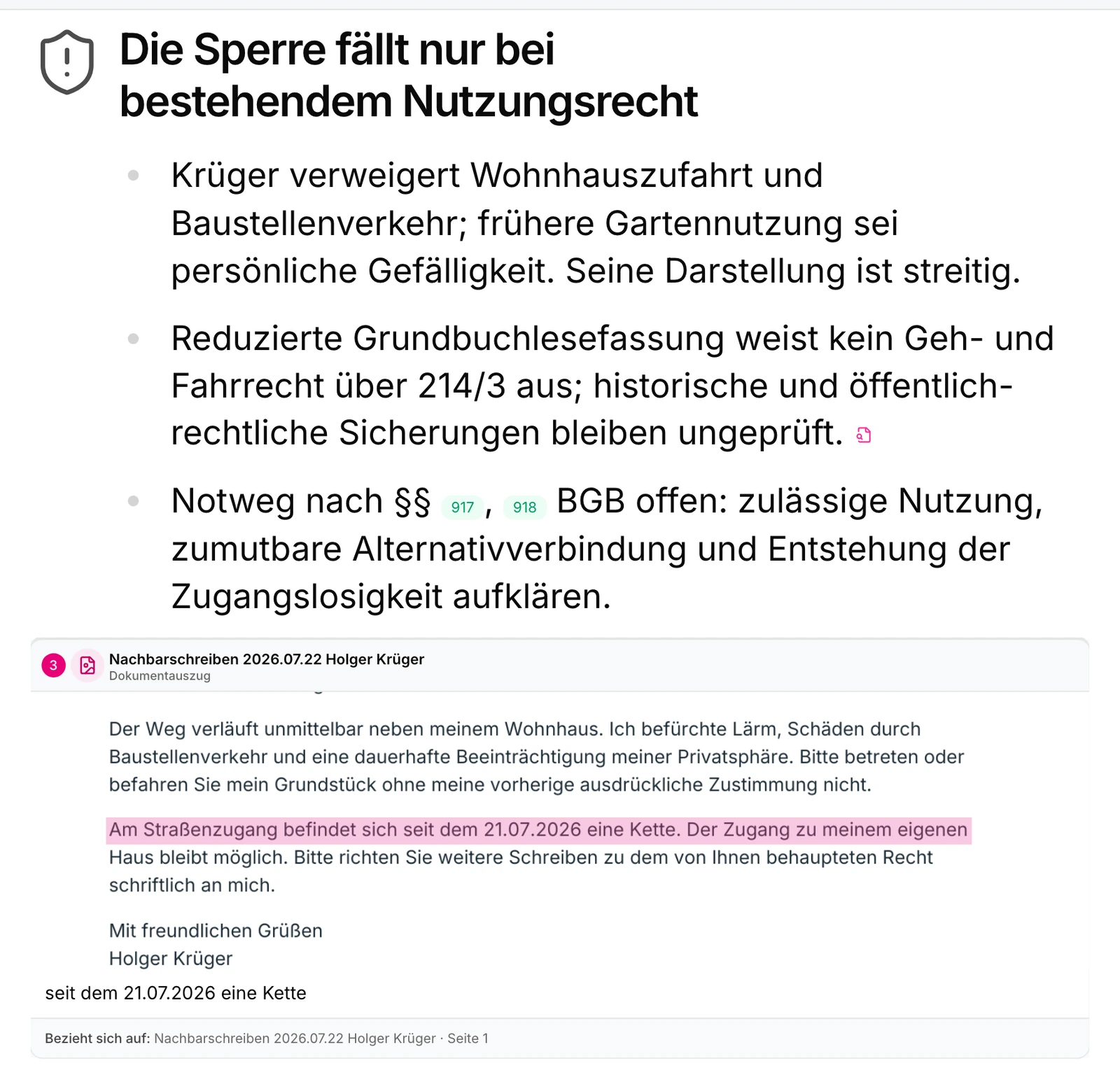 Die Präsentation verbindet die Ersteinschätzung mit anklickbaren Belegen und einem markierten Originalauszug.